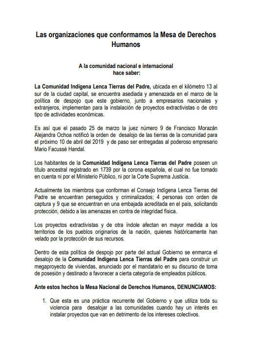 Comunicado Mesa Nacional de los Derechos Humanos sobre el desalojo de la comunidad Tierras del Padre
