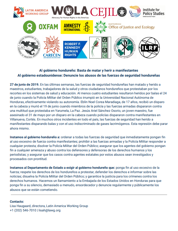 Al gobierno hondureño: Basta de matar y herir a manifestantes