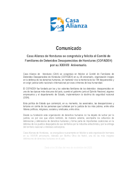 Comunicado Casa Alianza de Honduras se congratula y felicita al COFADEH por su XXXVIII  Aniversario