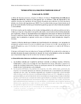 Comunicado de prensa ESTADO CRÍTICO DE LA NACIÓN EN TIEMPOS DE COVID-19