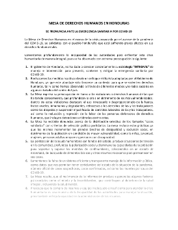 Comunicado MESA DE DERECHOS HUMANOS EN HONDURAS SE PRONUNCIA ANTE LA EMERGENCIA SANITARIA POR COVID-19