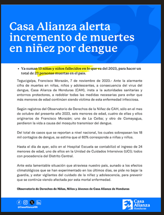 Casa Alianza alerta incremento de muertes en niñez por dengue